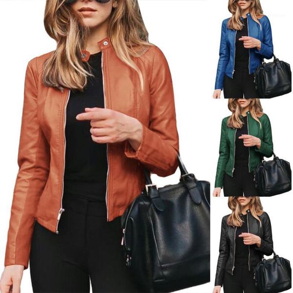 

women's jackets women autumn winter solid color stand collar faux leather zipper slim coat jacket elegant 2021 outwear1, Black;brown