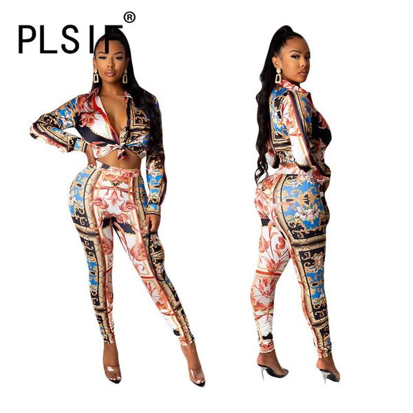 

women's tracksuits european trend women set long sleeve vintage print 2 pieces and pant suit female outfits, Gray