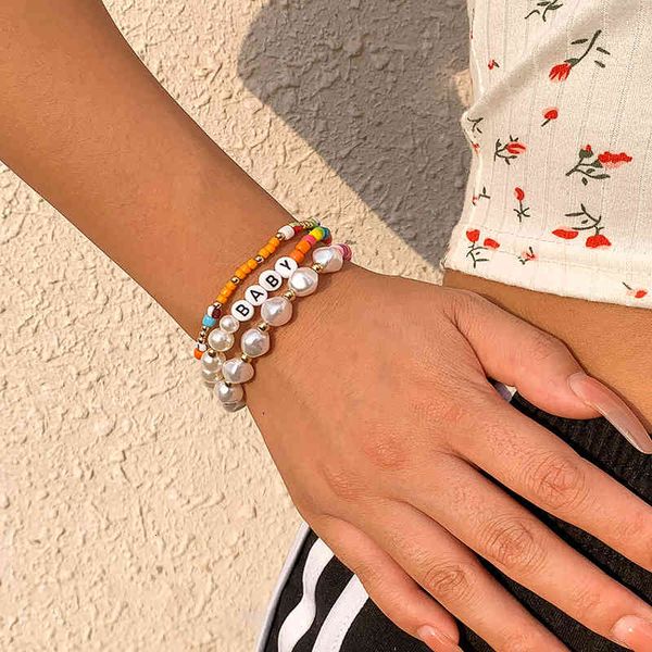 

3 pcs/set bohemian and ethnic style imitation pearl beaded color rice bead mixed bracelet women baby letter chain jewelry gift, Golden;silver