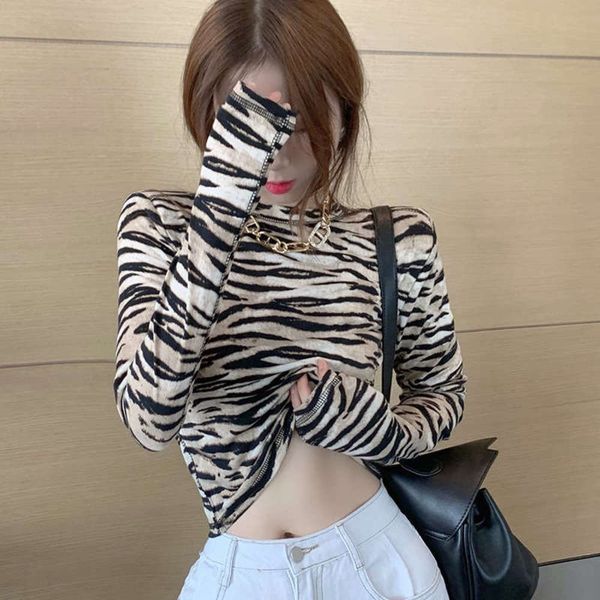 

and bottoming shirt autumn women wear winter foreign zebra print long sleeve versatile slim short style t-shirt fashion ins, Black;gray