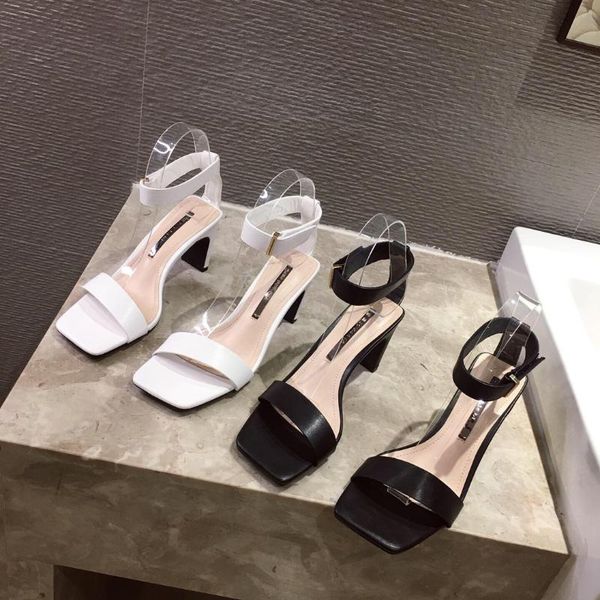 

2021 summer concise women fashion white 8cm high heels nightclub sandals chunky heels buclek strap sandals trending lady shoes, Black
