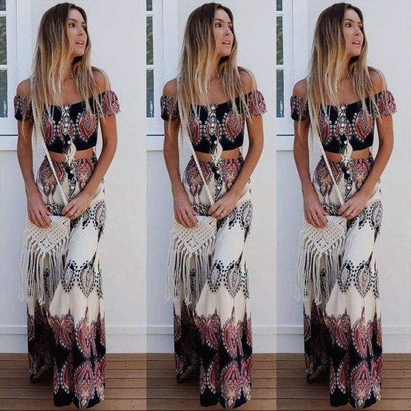 

2018 boho print summer women strapless two piece set slash neck short sleeve crop amp;long skirts beach maxi skirts suit, Gray