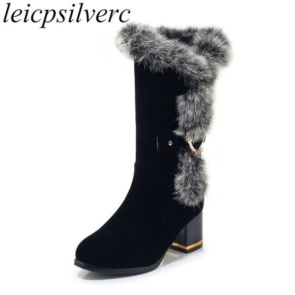 

boots women autumn winter high heel round toe zip hair mid-calf motorcycle plush 2021 fashion black white