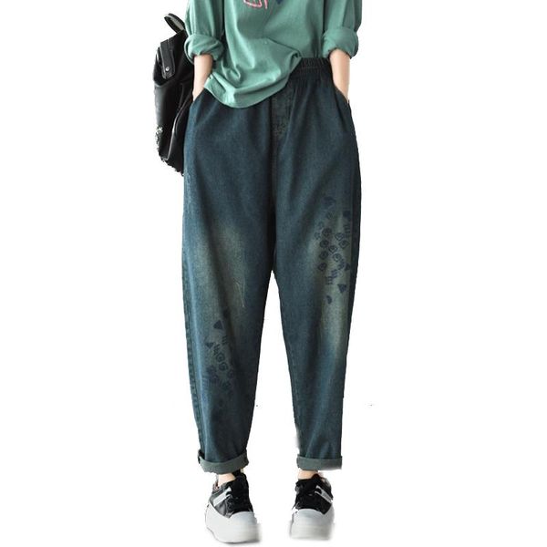 

women jeans denim trousers pants fashion casual retro vintage loose oversized long bleached printed joogers female b01161415, Blue