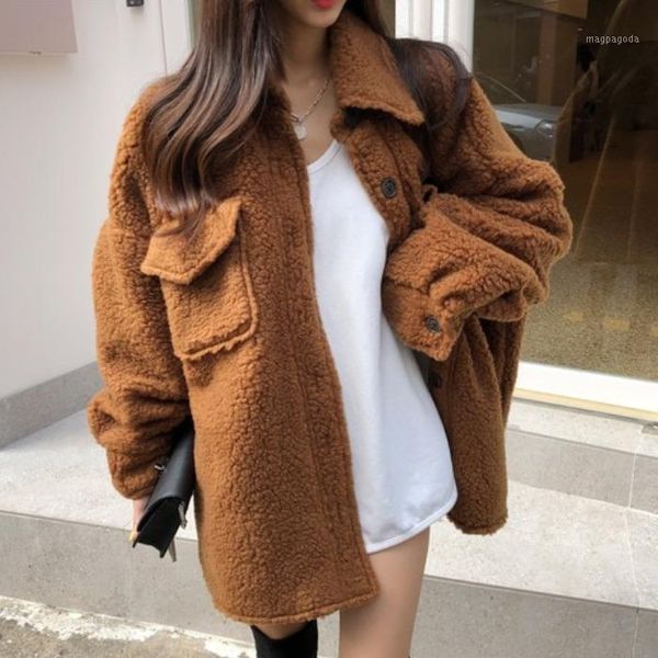 

korean east gate fall winter 2020 lapel buckle comfortable warm loose lamb wool casual coat1, Gray