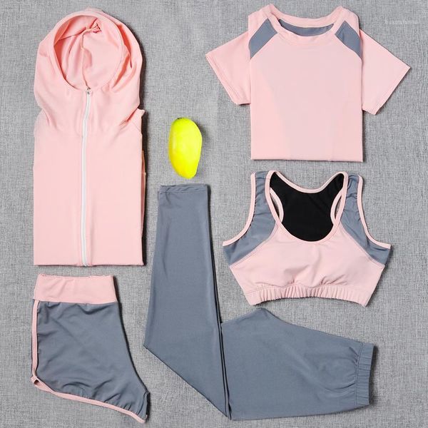 

2018 yoga set sport jacket+tights pants+short+yoga shirt+sports bras 5 pieces running sportswear tracksuit fitness gym clothing1, White;red