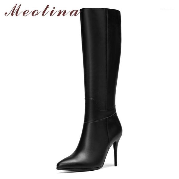 

boots meotina winter knee high women natural genuine leather thin heel long zipper super shoes ladies fall 34-391, Black