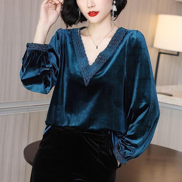 

women's blouses & shirts spring fall fashion women v neck embroidery black blue full sleeve velour blouse shirt , woman 5xl velvet, White