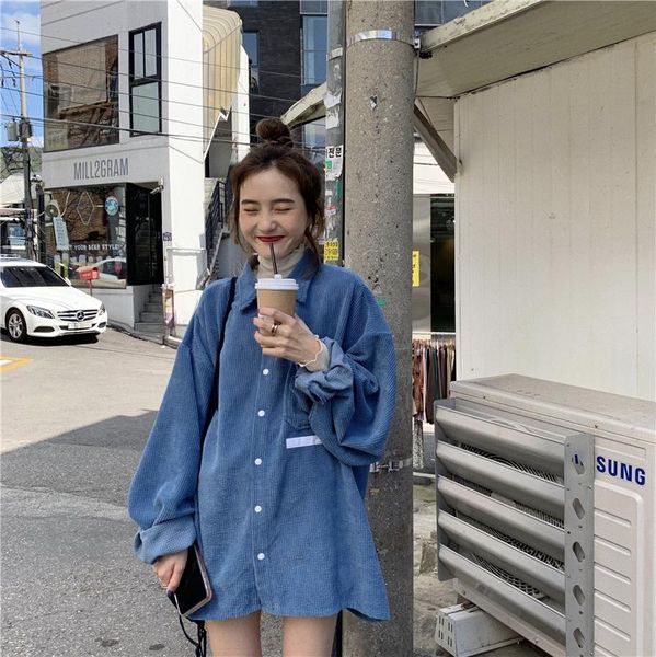 

women's jackets korean loose simple style turn-down collar corduroy full sleeve long coats women clothing fashion brand casual vintage, Black;brown