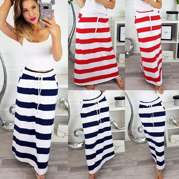 

2021 fashion summer blue red striped mid calf women skirt streetwear women long skirts clothes half casual girls, Black