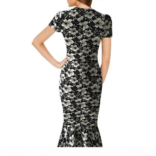 

womens elegant vintage floral flower print pinup stretch casual party bodycon fitted mermaid midi mid-calf dress, White;black