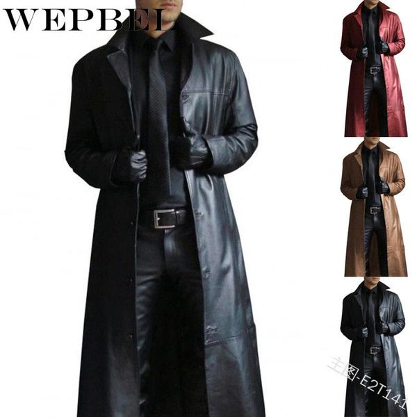 

wepbel fashion men medieval steampunk long leather jackets vintage autumn winter outerwear faux leather trench coat cardigans, Black