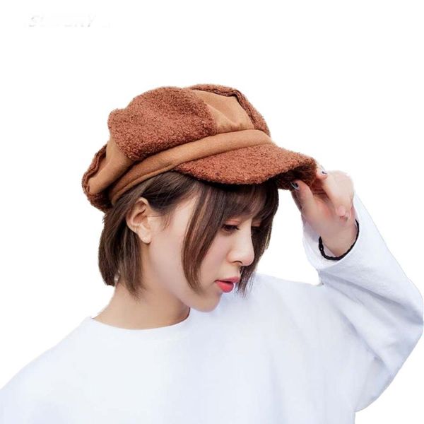 

berets autumn winter hats women woolen fur solid plain octagonal sboy painter artist vintage cap, Blue;gray
