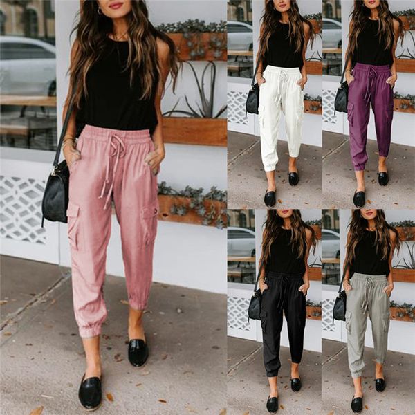 

solid color womens casual trousers high waist loose pockets drawstring pants spring summer comfortable women pants, Black;white