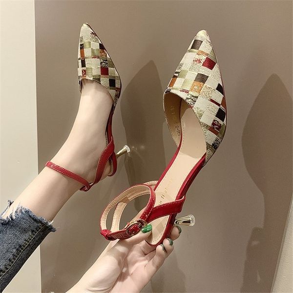 

new summer ladies shoes temperament after the empty buckle pointed heel sandals women's shoes stiletto plaid heels y200111, Black