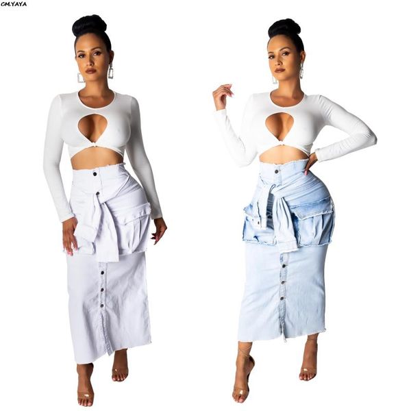 

2020 new women summer high waist sleeve tie up maxi midi jean skirt vintage fashion denim skirts with pocket 2 color sj3273, Black