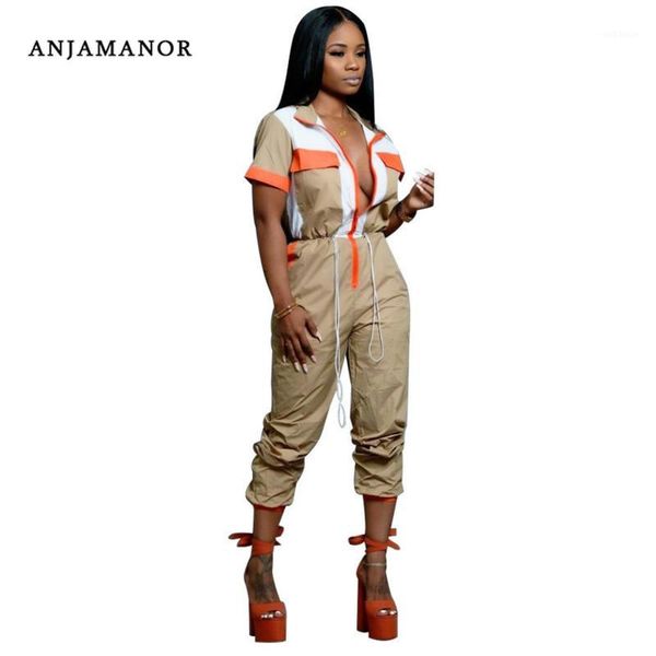 

anjamanor jumpsuits for women 2020 summer outfit fashion short sleeve zipper pockets romper cargo pants overalls d35-ae861, Black;white