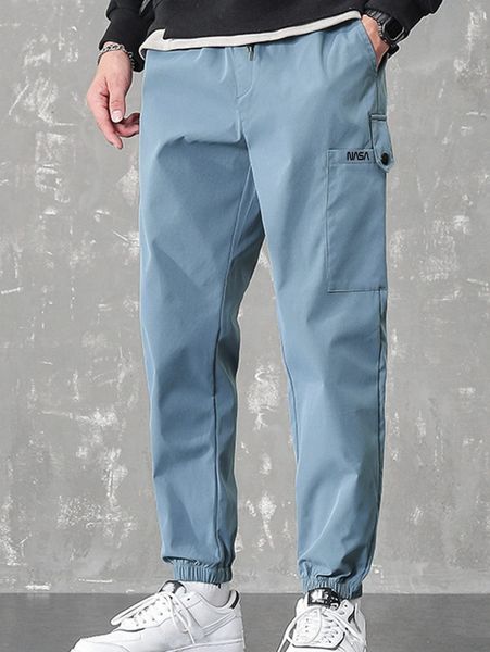 

men pocket side drawstring waist pants 92eu#, Black