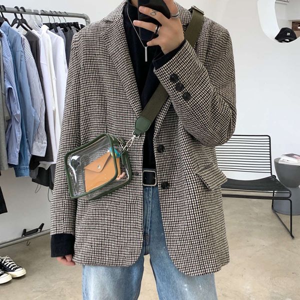 

autumn and winter new korean loose casual plaid cloth fashion men's suit short mandarin collar long coat, Black