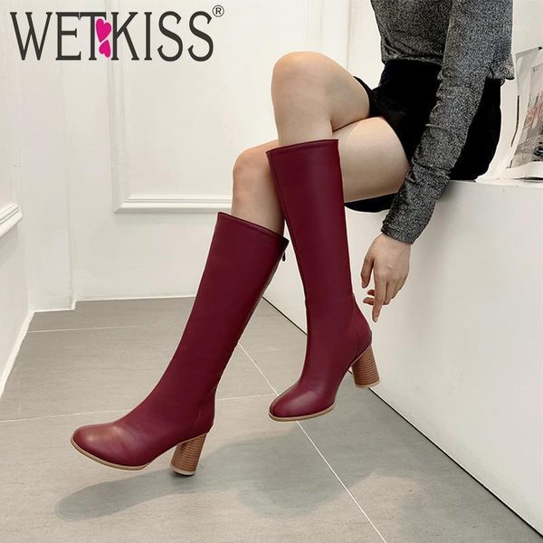 

wetkiss solid zip famale high shoes winter keep warm women mid-calf boots round toe thick heel shoes non slip thermal boots1, Black