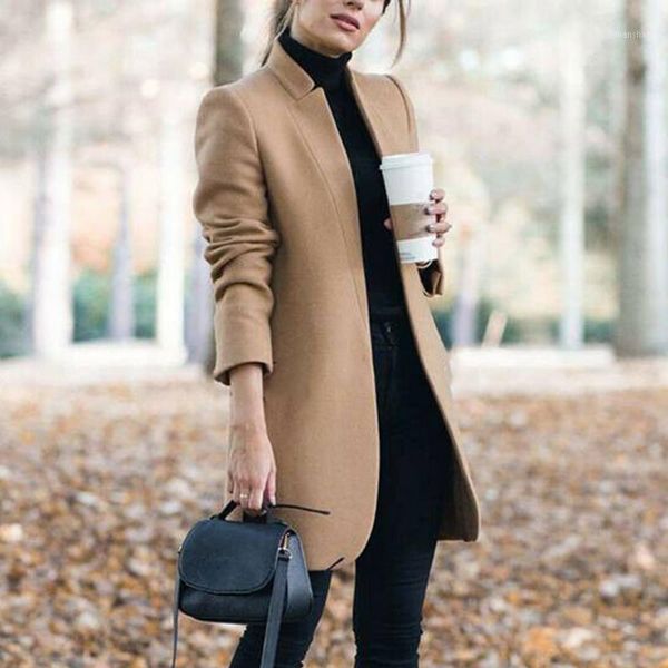 

office long solid elegant outwear ladies slim fit outdoor winter warm shopping women wool coat fashion stand collar trench 1, Black
