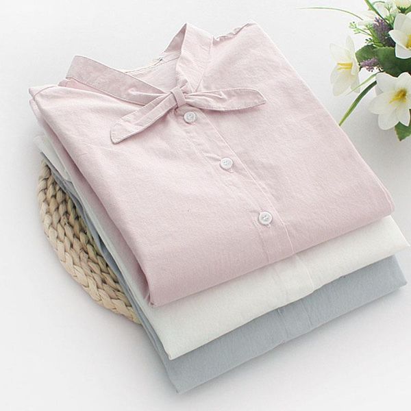 

spring autumn women bow cute ladies blouses casual long sleeve shirt cotton preppy style blouse solid camisa feminina, White