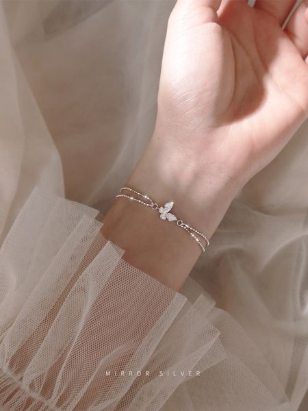 

hpjtd style minority butterfly diamond inlaid sterling silver layer cool ins bracelet double accessories hand simple braceletaccessories bra, Golden;silver