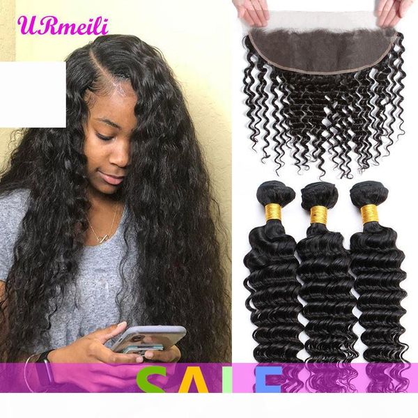 

peruvian deep wave human hair bundles with frontal peruvian lace frontal closure with bundle 8a remy human hair bundles with frontal, Black;brown