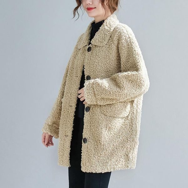 

women's fur & faux lamb women coats winter 2021 turn-down collar long-sleeved pocket female outwear, Black