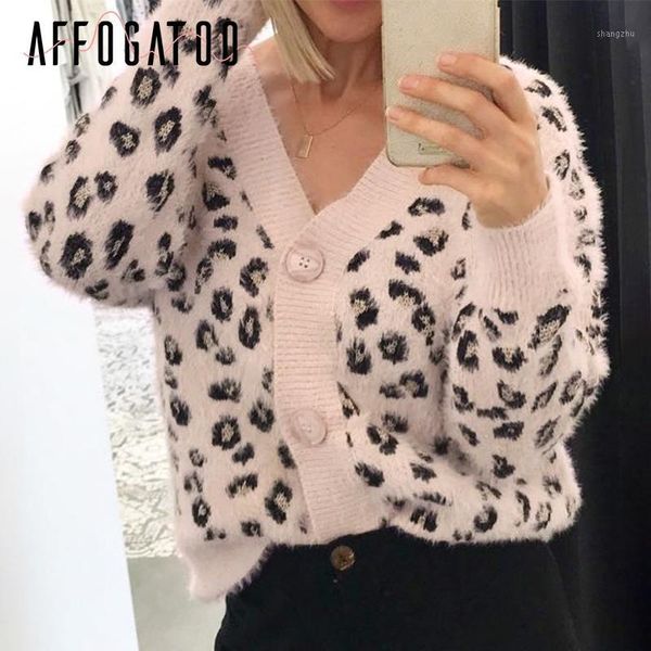 

affogatoo casual leopard print mohair knitted cardigan sweater women vintage button female cardigan chic autumn winter pink coat1, White