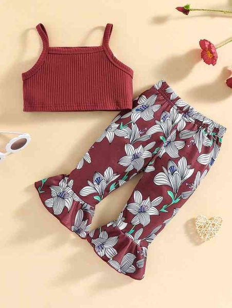 

baby rib knit crop cami & floral print flare leg pants she, White