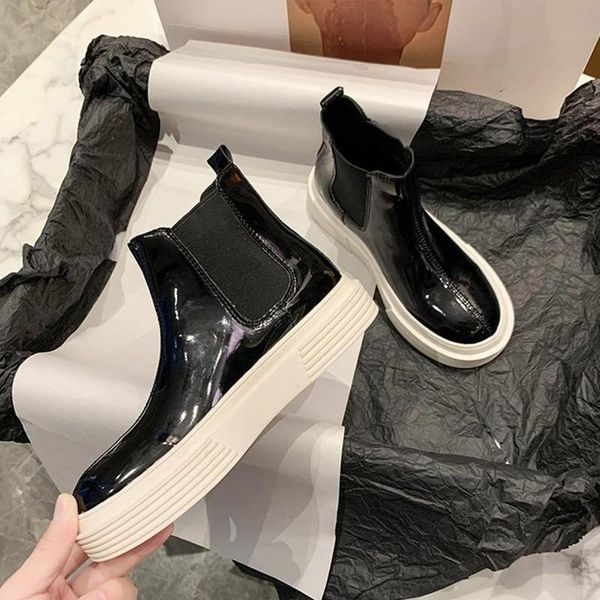 

women boots ladies stretch fabric ankle boot patent leather platform shoes female fashion flats shoes woman sewing casual 2020, Black
