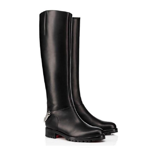 

ladies fashion winter platform heels knee boots red bottom women's boot black genuine leather with spikes bottes femme with box