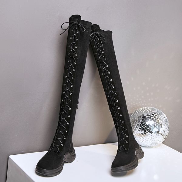 

women 2021 at knee height long boots 22-25cm long, processed sheep cross, autumn and winter wild shoes of female fashion n0wp, Black