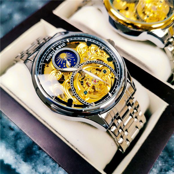

aogulas hollow mechanical watch fashion inlaid diamond business luminous moon waterproof tourbillon men's watch, Slivery;brown