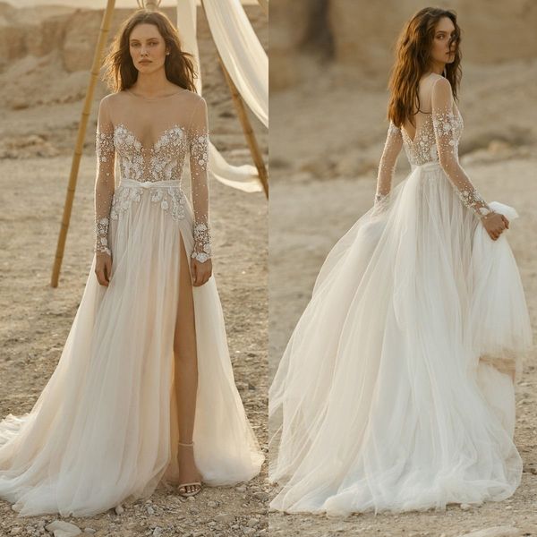 

2021 high split wedding dresses lace floral applique a line long sleeve vestidos de novia customize sweep train boho bridal gowns, White