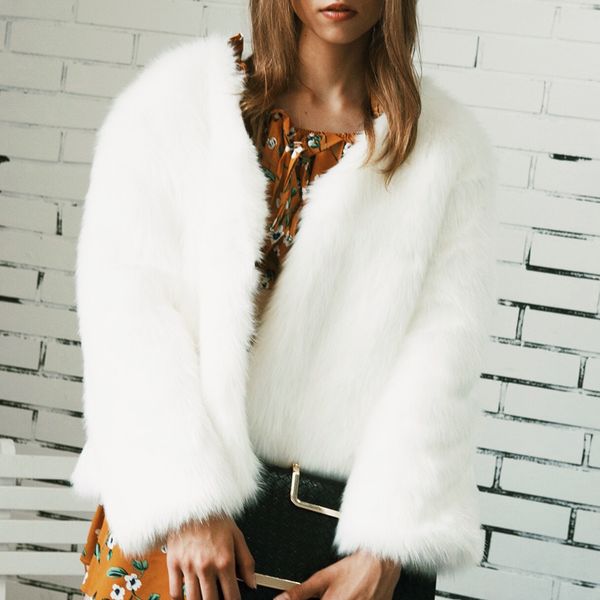 

thick warm faux women winter autumn long sleeve v neck shaggy jacket coat female casual fluffy overcoat fur jackets
