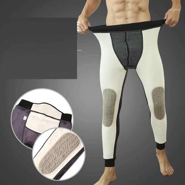 

winter warm pants men's solid color warm leggings men plus velvet thick knee pads cotton comfortable thermal underwear bo1, Black