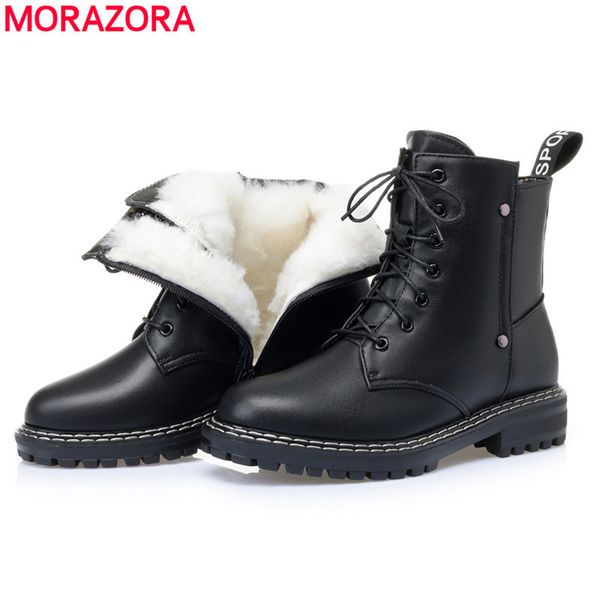 

morazora 2021 new genuine leather snow women warm wool winter female shoes lace up fashion thick fur ankle boots, Black