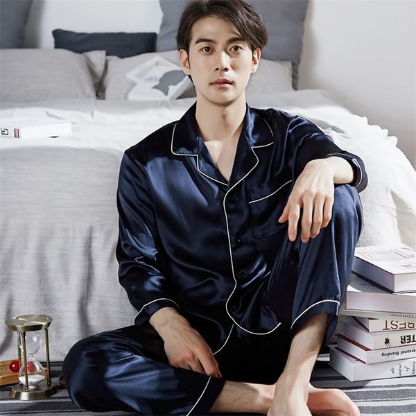 

100% real silk pajamas set for men spring pijamas homme man blue long sleeve button-down home clothes sleepwear pj sets lj201112, Black;brown