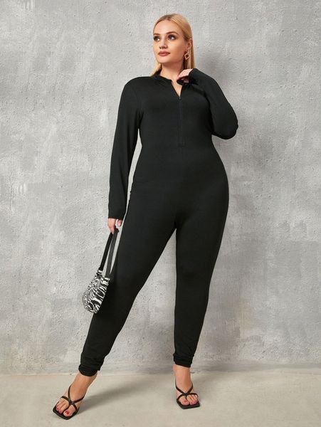 

plus zip front unitard jumpsuit w77a#, Black