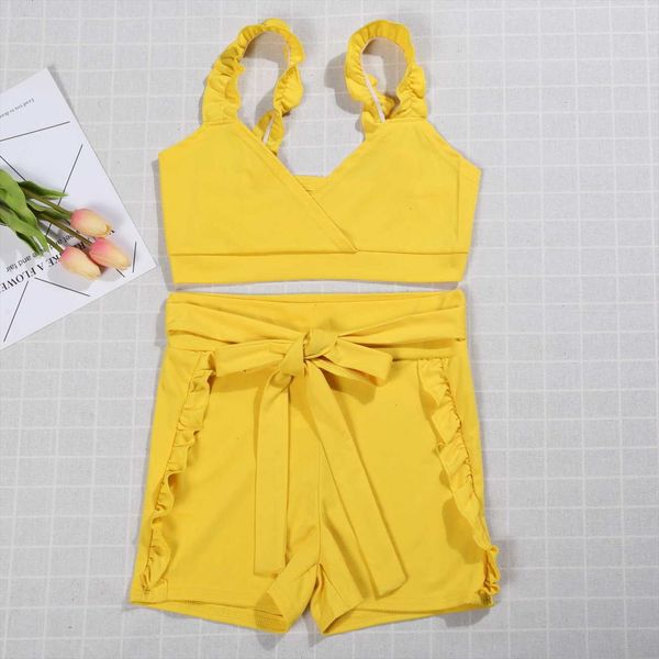 

women 2pcs summer fashion clothes sets sleeveless solid short length strapless vest ruffles shorts yellow sets, Gray