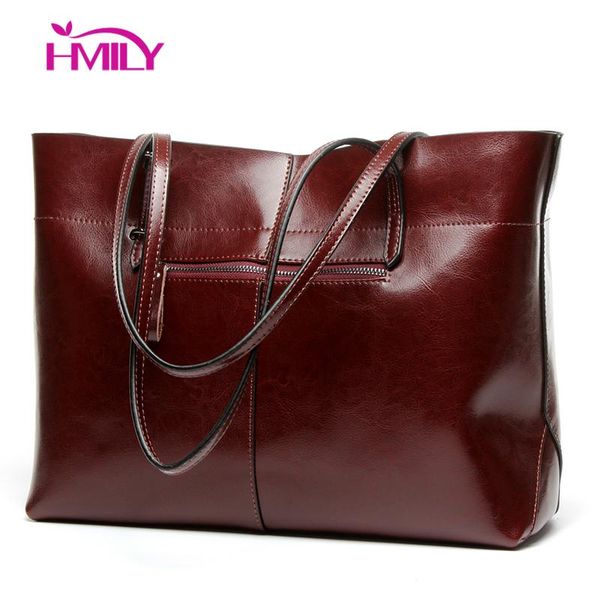 

hmily genuine leather solid color female shoulder tote women handbags large capacity shopping bag oil wax cowskin hand bags lady