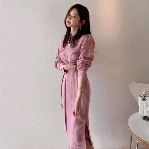 

jxmyy fashionable, elegant, light mature v-neck slim slimming lace-up waist mid-length slit knit dress women #q92q, Black;gray