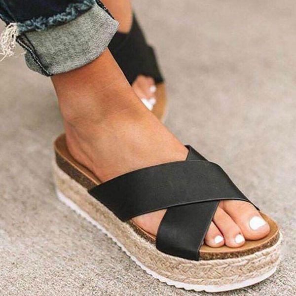 

summer flat mid heel women slippers platform peep toe casual fashion sandals beach outdoor slides ladies shoes, Black