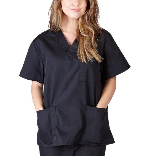 

women's blouses & shirts women v-neck blouse uniform short sleeve pocket care solid color scrub with costumes #lr2, White