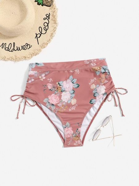 

plus floral print high waisted bikini bottom j33x#, Black