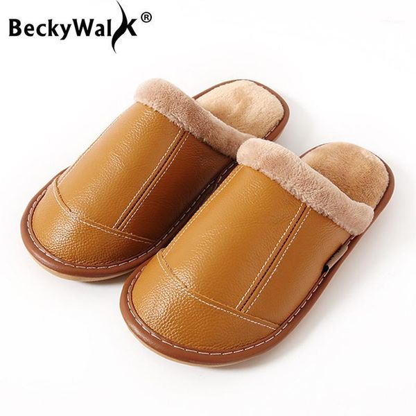 

slippers beckywalk winter women genuine leather indoor home warm shoes non-slip floor plush men slipper wsh31201, Black