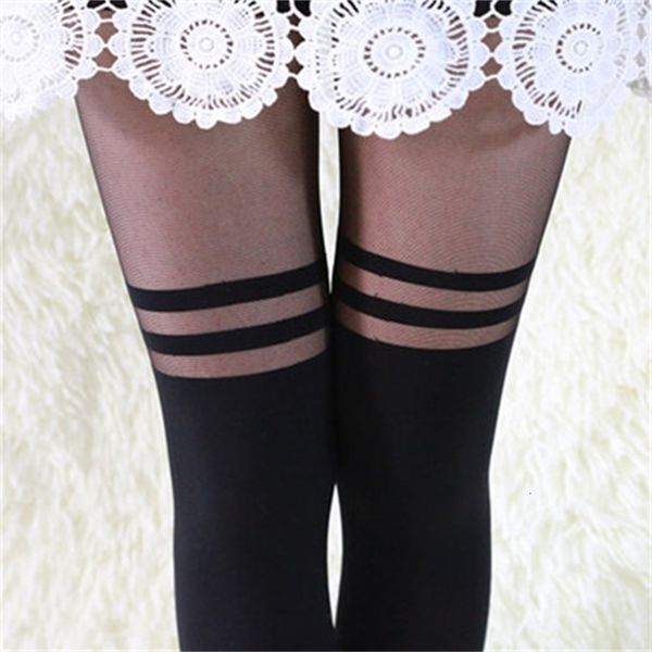 

fashion stitching stripe wemen pantyhose female black longtube hosiery stockings tights lady thigh high stocking, Black;white