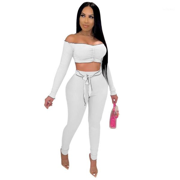 

off shoulder knitted 2 piece set slim ruched cropped t shirts sashes bandeau bow high waist casual suit bandage outfits1, Gray
